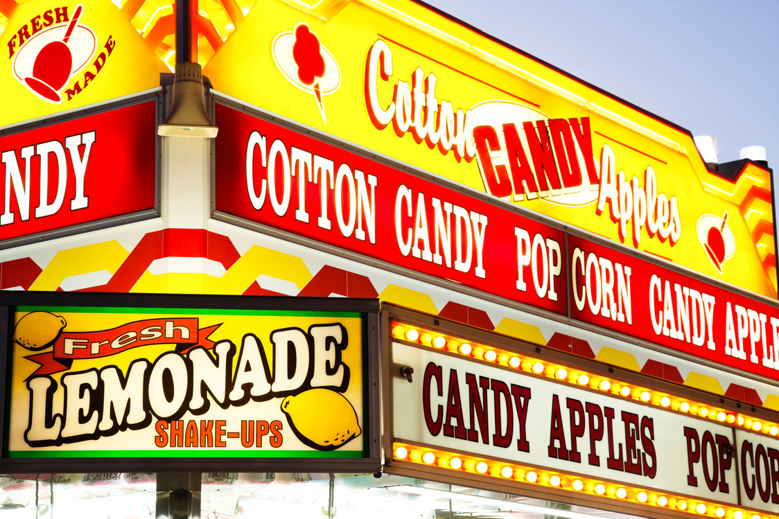 Carnival Food Concession Stand Sign at County Fair Amusement Park